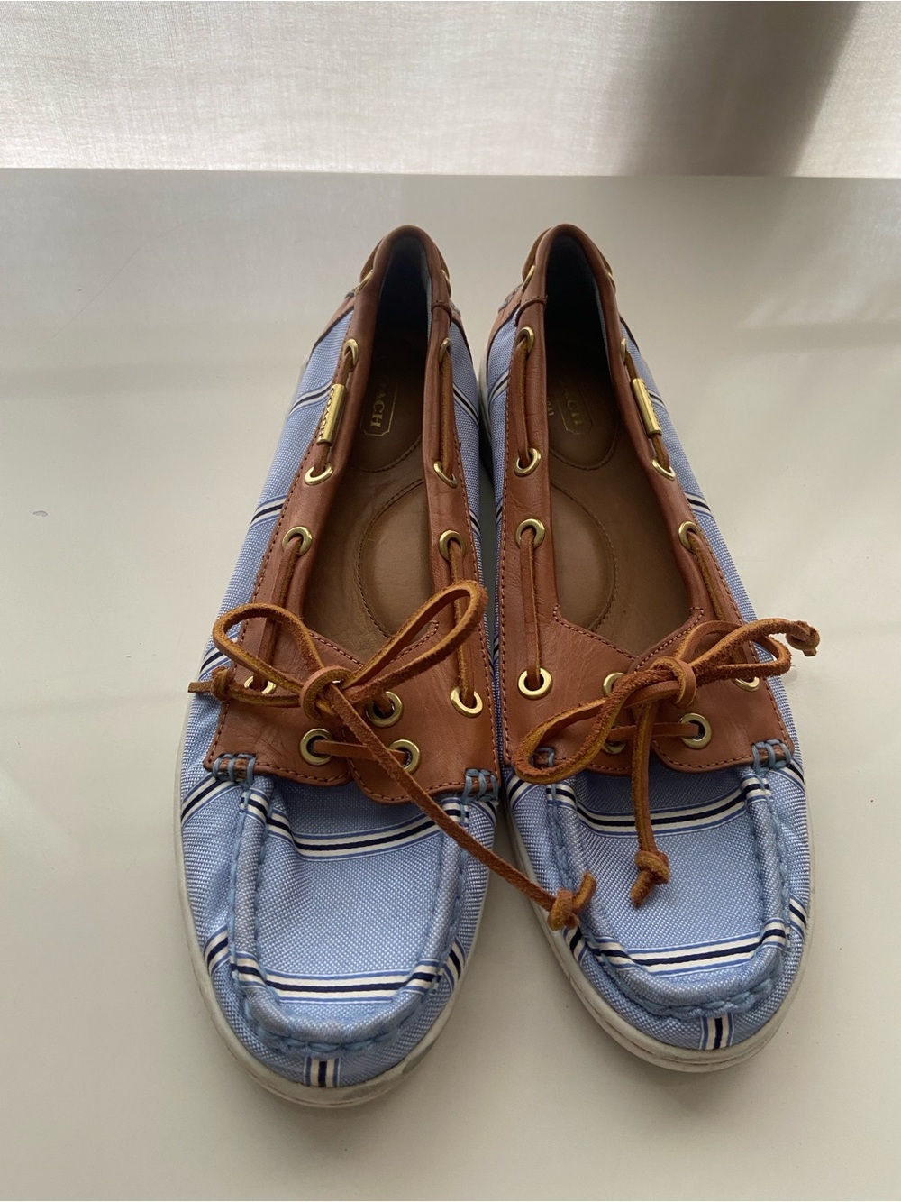 Coach Richelle Boat Shoes Canvas Nautical Blue Striped Tan Leather size 8.5